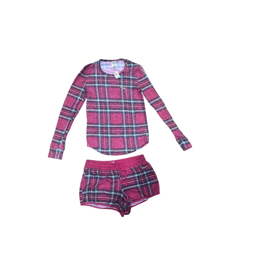 PINK Victoria's Secret Pajama Set Plaid Sleepwear Lounge Top & Shorts S